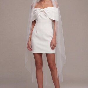 White off the shoulder bow mini dress bridal shower or engagment